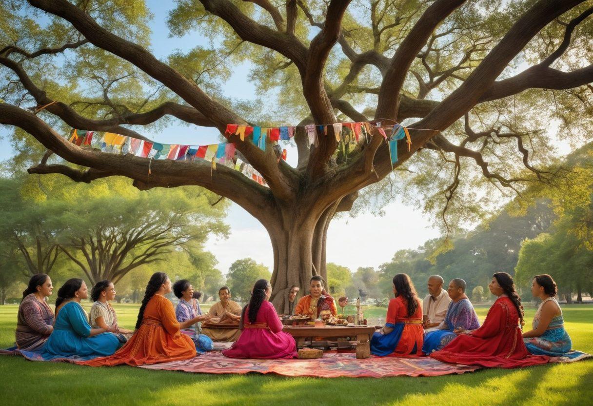 A warm, inviting family reunion scene set in a lush park, showcasing diverse families joyfully celebrating their heritage with traditional clothing, cultural artifacts, and shared meals. In the background, an ancient tree symbolizing roots stands tall, adorned with colorful flags representing different cultures. The sky is bright blue with soft clouds, creating a feeling of togetherness and warmth. elegant and heartfelt. vibrant colors. natural lighting.