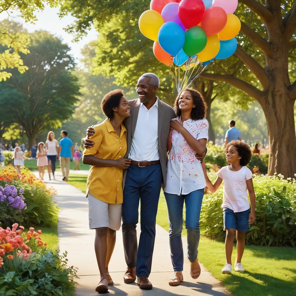 A heartwarming scene depicting a diverse family reunion in a sunlit park, with a long-lost father embracing his child amidst joyful expressions from family members. The background features lush greenery and vibrant flowers, symbolizing hope and connection. Include subtle elements representing the journey of locating missing loved ones, such as maps and heart-shaped balloons. bright colors. super-realistic.