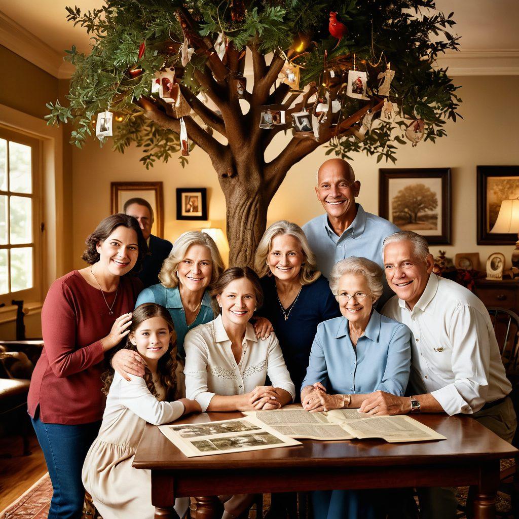 A heartfelt family reunion scene featuring diverse family members happily embracing, surrounded by a tree adorned with family photos and genealogical charts. Soft, warm lighting to emphasize connection and heritage. Elements like traditional artifacts and heirlooms in the background to symbolize ancestry. super-realistic. warm colors. inviting atmosphere.